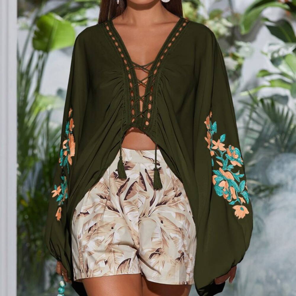 Floral Embroidery Lace Up High Low Blouse NWOT